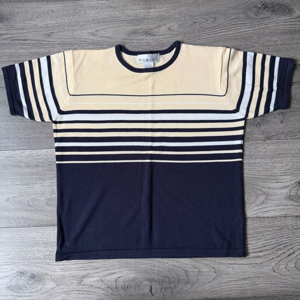 Vintage Women's Dressbarn Navy &‎ Yellow Striped Short Sleeve Shirt Size Medium